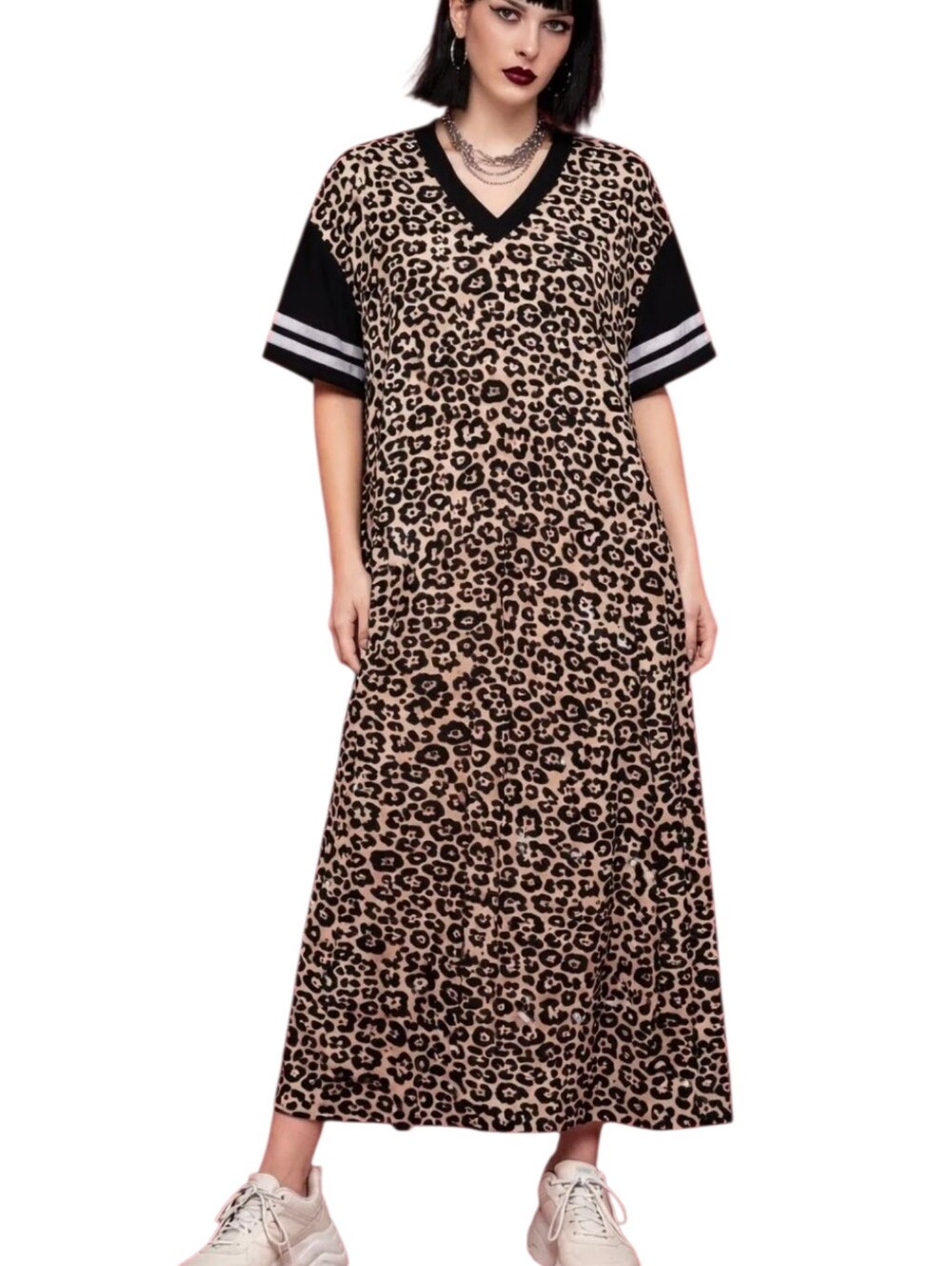 WKND Chasers Leopard Print Varsity Maxi Dress Oversized Lounge Dress Large NWOT